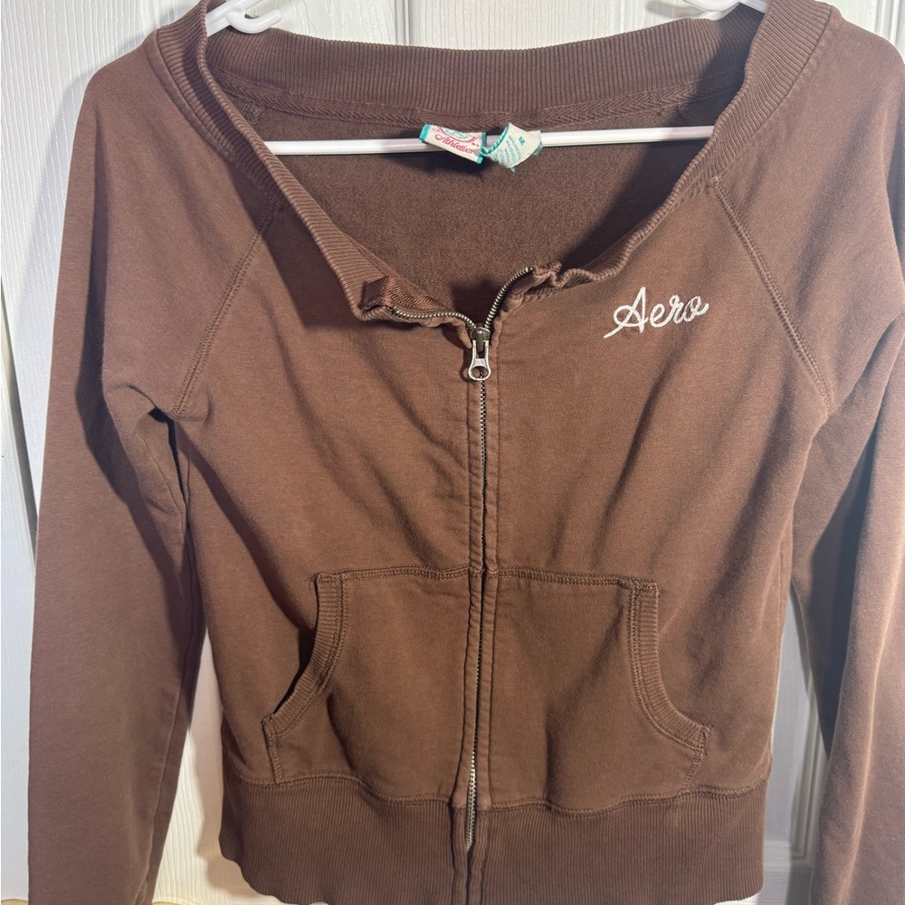 *Wide Neck, Off the Shoulder? Aeropostale Brown Women's Zip-Up Sweatshirt - Picture 6 of 7